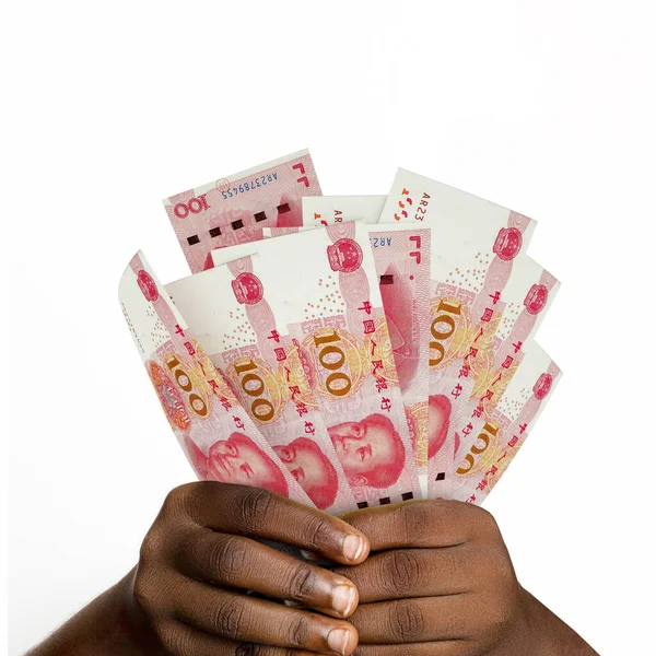 hands holding 3D rendered Chinese yuan notes. closeup of Hands holding Chinese currency notes