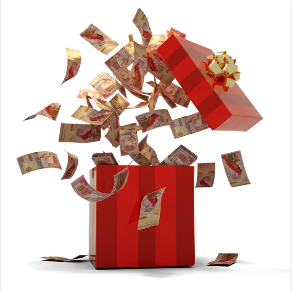 3D rendering of A lot of Bermuda Dollar notes coming out of an opened red gift box. Money flying out of box