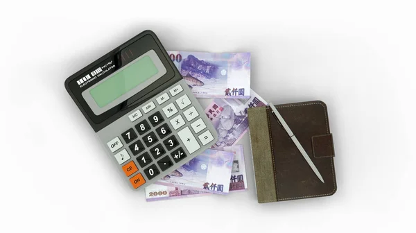 3D rendering of an isolated composition of Taiwan dollar notes, a calculator, a note book and a pen