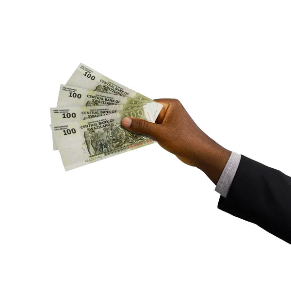 Black Hand Suit Holding Rendered 100 Swazi Lilangeni Notes Isolated —  Fotos de Stock