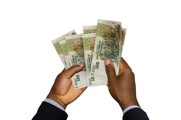 Black Hands Suit Holding Rendered 100 Swazi Lilangeni Notes —  Fotos de Stock