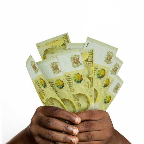 hands holding 3D rendered Singapore dollar notes. closeup of Hands holding Singapore currency notes