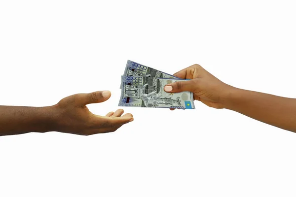 Hand Giving Rendered 20000 Kazakhstani Tenge Notes Another Hand Hand — Stockfoto