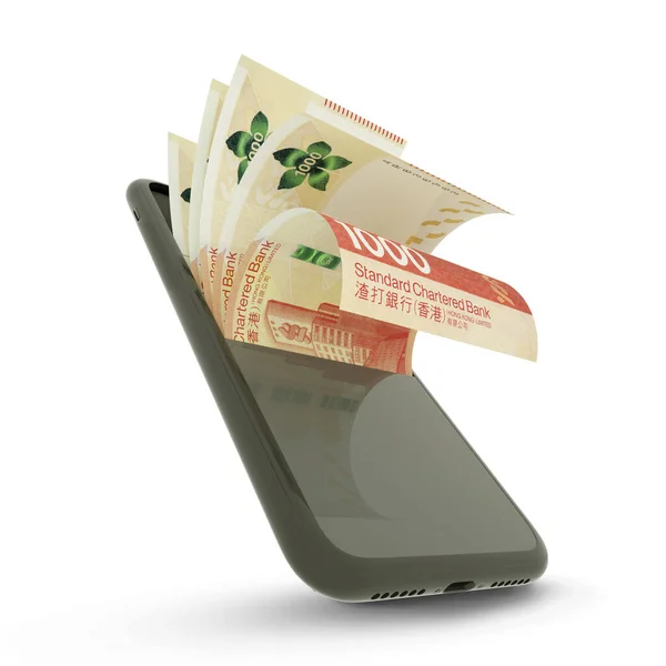 Zerreißen Von Hongkong Dollar Scheinen Einem Mobiltelefon — Stockfoto