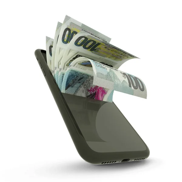 Візуалізація 100 Східнокарибських Доларових Купюр Всередині Мобільного Телефону Ізольованого Білому — стокове фото