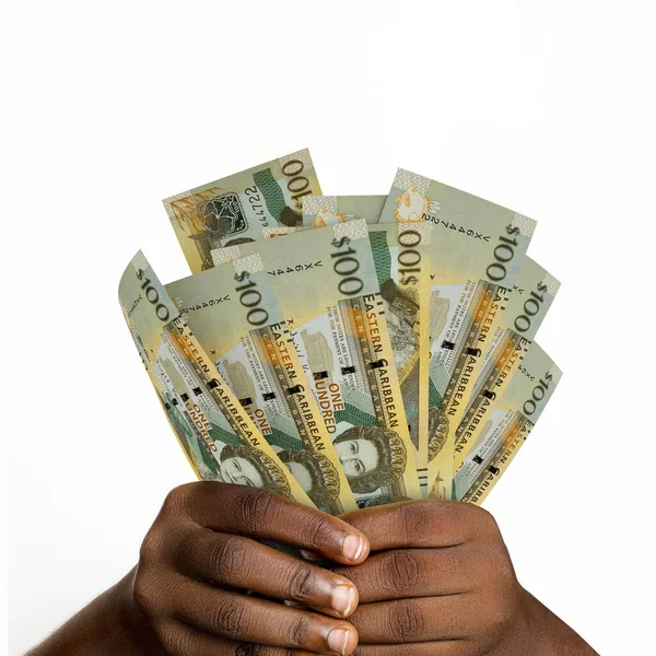 Manos Sosteniendo Renderizado Billetes Dólar Del Caribe Oriental Primer Plano — Foto de Stock