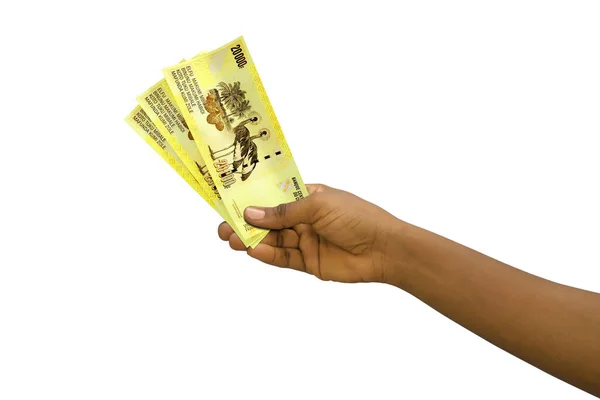 Fair Hand Holding Weergegeven Congolese Franc Noten Geïsoleerd Witte Achtergrond — Stockfoto