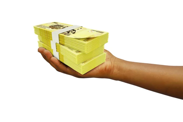 Hand Holding Renderizado Pilha Notas Franco Congolês Isolado Fundo Branco — Fotografia de Stock