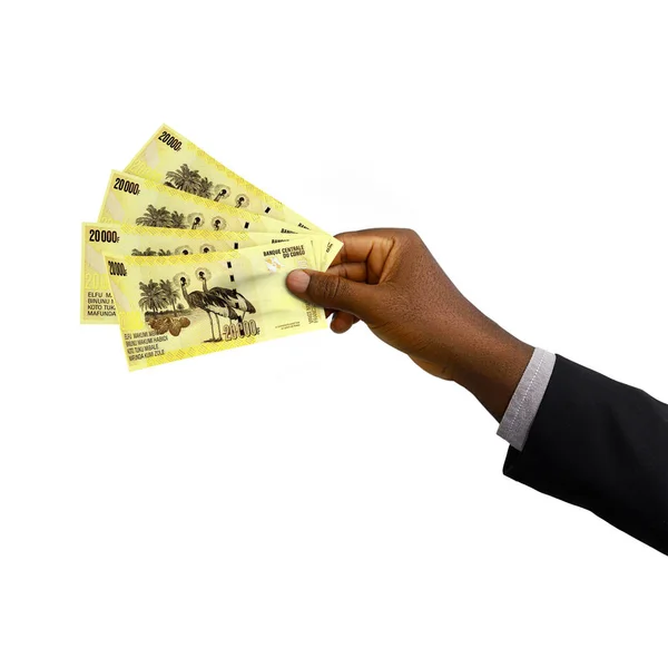 Zwarte Hand Met Pak Met Weergave Congolese Franc Noten Geïsoleerd — Stockfoto