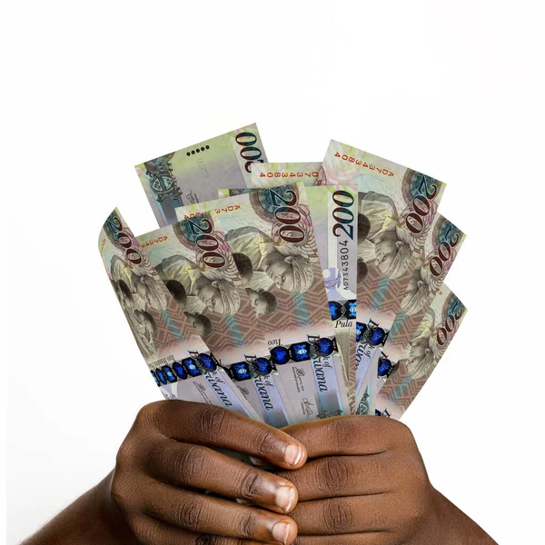 3D el ele tutuşan Botswanan pula notaları. Botswanan para birimi notlarını tutan ellere yakın çekim