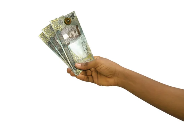 Fair Hand Holding Weergegeven Bahrein Dinar Noten Geïsoleerd Witte Achtergrond — Stockfoto