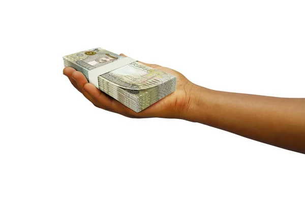 Hand Holding Weergegeven Stapel Van Bahrein Dinar Noten Geïsoleerd Witte — Stockfoto