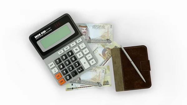 Rendering Isolated Composition Bahrain Dinar Notes Calculator Note Book Pen — Stock fotografie