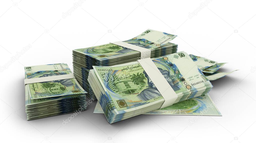 3D Stack of Tunisian Dinar notes isolated