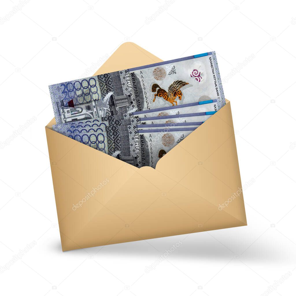 20000 Kazakhstani notes inside an open brown envelope. 3D illustration of money in an open envelope