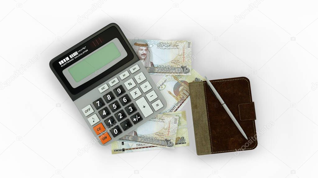 3D rendering of an isolated composition of 20 Bahrain Dinar notes, a calculator, a note book and a pen. top view