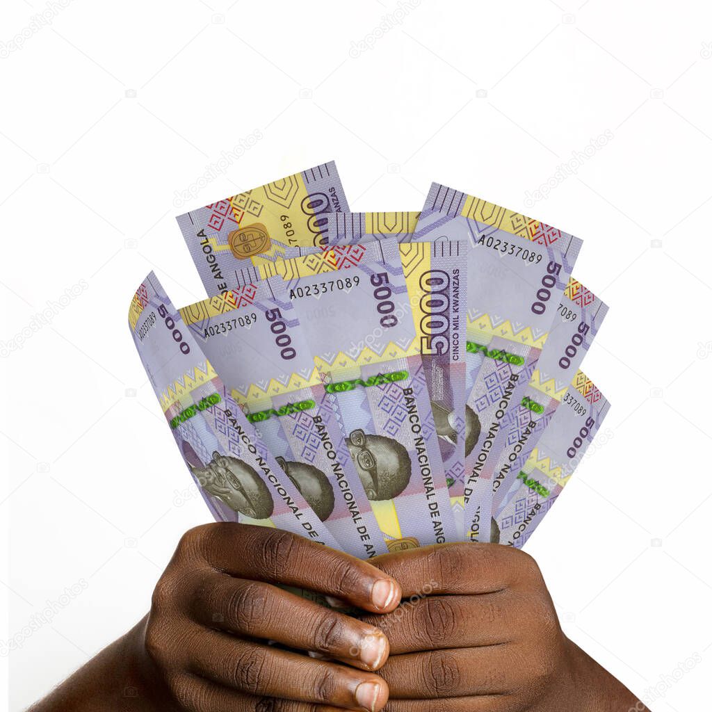 Black hands holding 3D rendered 5000 Angolan kwanza notes. closeup of Hands holding Angolan currency notes
