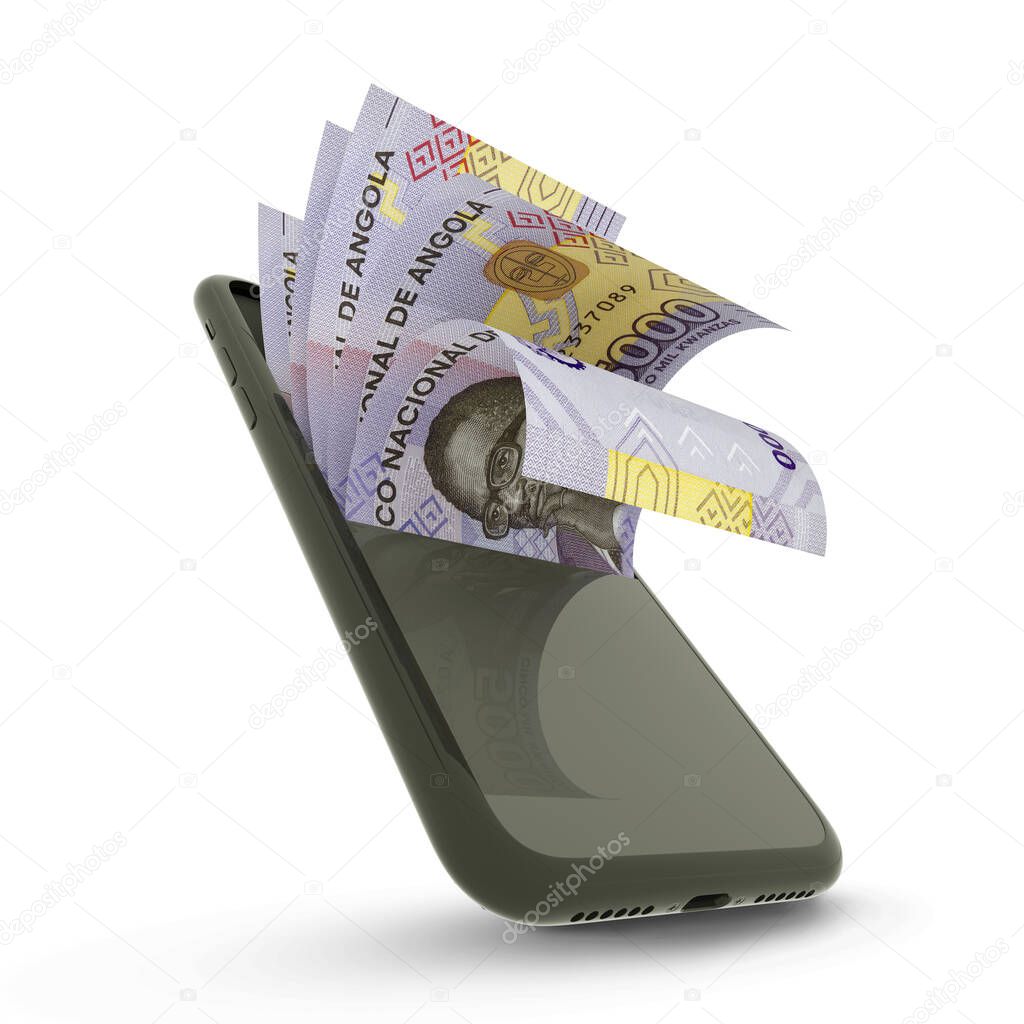 3D rending of 5000 Angolan kwacha notes inside a mobile phone isolated on white background