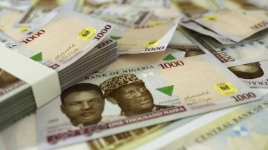 close up of 1000 Nigerian naira notes spread on table. 3d rendering of money scattered on surface