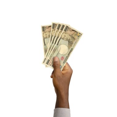 Black Hand holding 3D rendered Japanese Yen notes