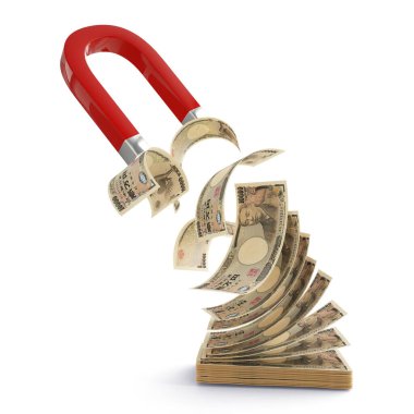 3D rendering of Horseshoe magnet attracting Japanese yen notes isolated on white background. Attracting money concept. Strategy for a successful business