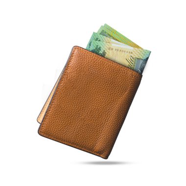 3D rendering of 100 Australian dollar notes popping out of a brown leather mens wallet. Australian dollar in wallet