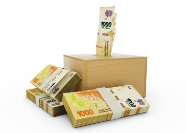 3D rendering of Argentine peso notes in wooden Savings box