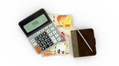 3D rendering of an isolated composition of Argentine peso notes, a calculator, a note book and a pen