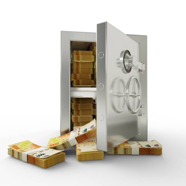 Bundles of Argentine peso in Steel safe box. 3D rendering of stacks of money inside metallic vault isolated on white background, Financial protection concept, financial safety.
