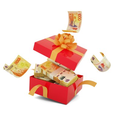 Argentine peso notes inside an open red gift box. peso inside and flying around a gift box. 3d rendering of money inside box isolated on white background