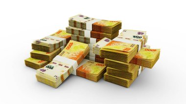 Stack of Argentine peso notes. 3D rendering of bundles of banknotes