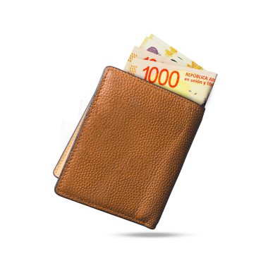 3D rendering of Argentine peso notes popping out of a brown leather mens wallet. Argentine pesos in wallet