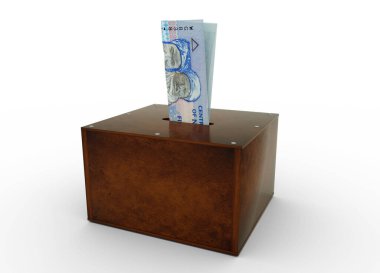 Nigerian naira notes inside an open wooden savings box. Generic Bank, Penny Bank, Money Box. 3d rendering
