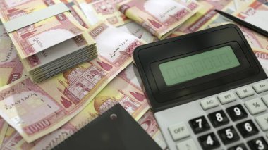 Afgan Afgan banknotları hesap makinesi, kalem ve defter ile yayılmış. 3d oluşturma