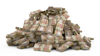 Büyük bir Afgan yığını beyaz arka planda çok fazla para olduğunu gösteriyor. 3 boyutlu nakit demetleri oluşturma