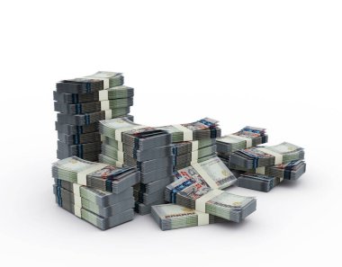 Bir yığın 100.000 Ermeni dram notu. Beyaz arkaplanda izole edilmiş 3d para demetleri