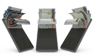 Cep telefonunda 100.000 Ermeni dram notu var. Para cep telefonundan geliyor. Mobil para aktarım konseptinin 3D yorumlanması. Telefondan para