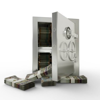 Çelik kasada 200 Aruban Florin destesi var. Beyaz arka planda izole edilmiş metalik kasada üç boyutlu para yığını oluşturma, mali koruma konsepti, finansal