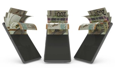 200 Aruban Florin banknotu bir cep telefonunun içinde. Para cep telefonundan geliyor. Mobil para aktarım konseptinin 3D yorumlanması. Telefondan para