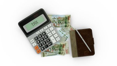 500 Azerbaycan manat notası, bir hesap makinesi, bir defter ve bir kalem içeren 3 boyutlu bir kompozisyon.