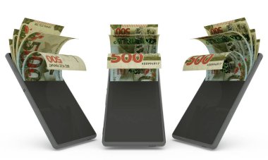 500 Azerbaycan manatı bir cep telefonunun içinde. Para cep telefonundan geliyor. Mobil para aktarım konseptinin 3D yorumlanması. Telefondan para