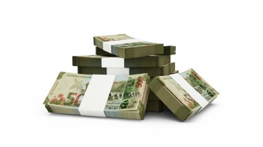 500 adet Azerbaycan Manat 'ın 3D kopyası. Beyaz arkaplanda izole edilmiş Azerbaycan para birimi notları