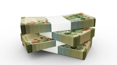 500 adet Azerbaycan Manat 'ın 3D kopyası. Azerbaycan para biriminden birkaç deste beyaz arka planda izole edilmiş