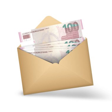 Açık kahverengi bir zarfın içinde 100 tane Azerbaycan manatı banknotu. Açık bir zarfta üç boyutlu para illüstrasyonu