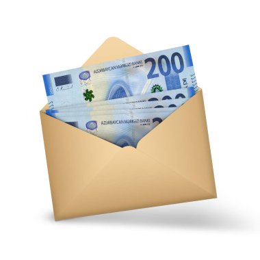 200 Azerbaycan manatı açık kahverengi bir zarfın içinde. Açık bir zarfta üç boyutlu para illüstrasyonu