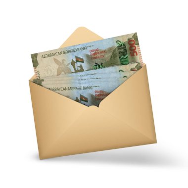 500 Azerbaycan manatı açık kahverengi bir zarfın içinde. Açık bir zarfta üç boyutlu para illüstrasyonu