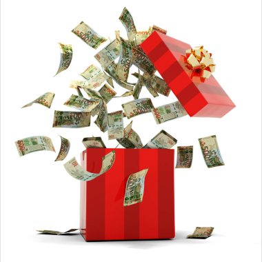 Azerbaycan manat notlarının 3D görüntüsü kırmızı bir hediye kutusundan geliyor.