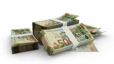 500 adet Azerbaycan Manat 'ın 3D kopyası. Beyaz arkaplanda izole edilmiş Azerbaycan para birimi notları