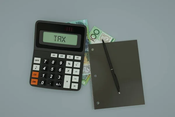 Rendering Composition 100 Australian Dollar Notes Calculator Note Book Pen — Stok fotoğraf