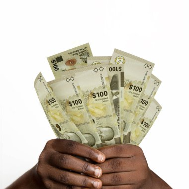 hands holding 3D rendered 100 Bahamian dollar notes. closeup of Hands holding Bahamian currency notes